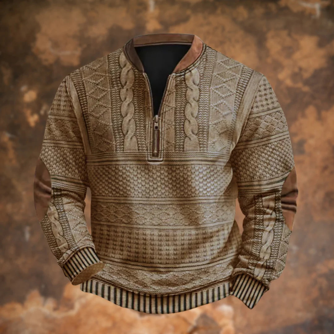 Khaki Men's Quarter Zip Sweater with Cable Knit Texture & Relaxed Fit — Hudson - Front Detail