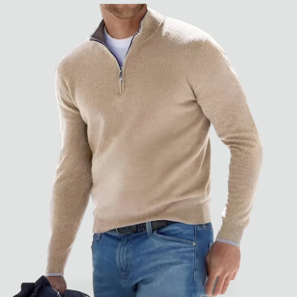 Beige Men's Cotton Quarter Zip Sweater with Ribbed Cuffs & Mock Neck