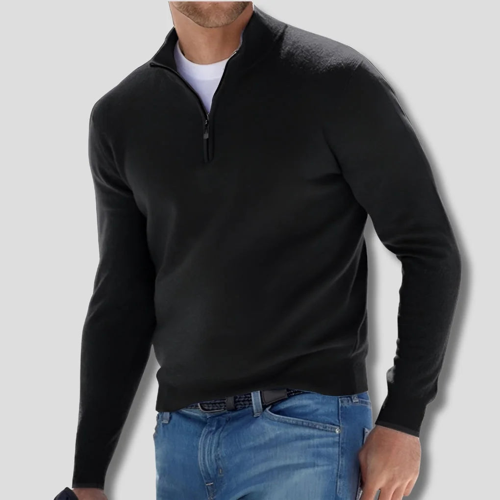 Black Men's Cotton Quarter Zip Sweater with Ribbed Cuffs & Mock Neck