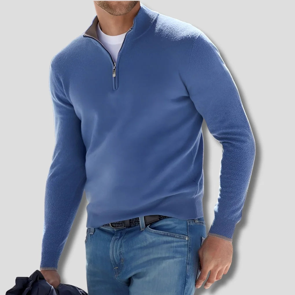 Blue Men's Cotton Quarter Zip Sweater with Ribbed Cuffs & Mock Neck