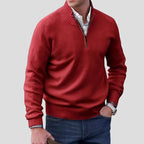 Burgundy Men's Cotton Quarter Zip Sweater with Ribbed Cuffs & Mock Neck