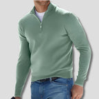 Green Men's Cotton Quarter Zip Sweater with Ribbed Cuffs & Mock Neck