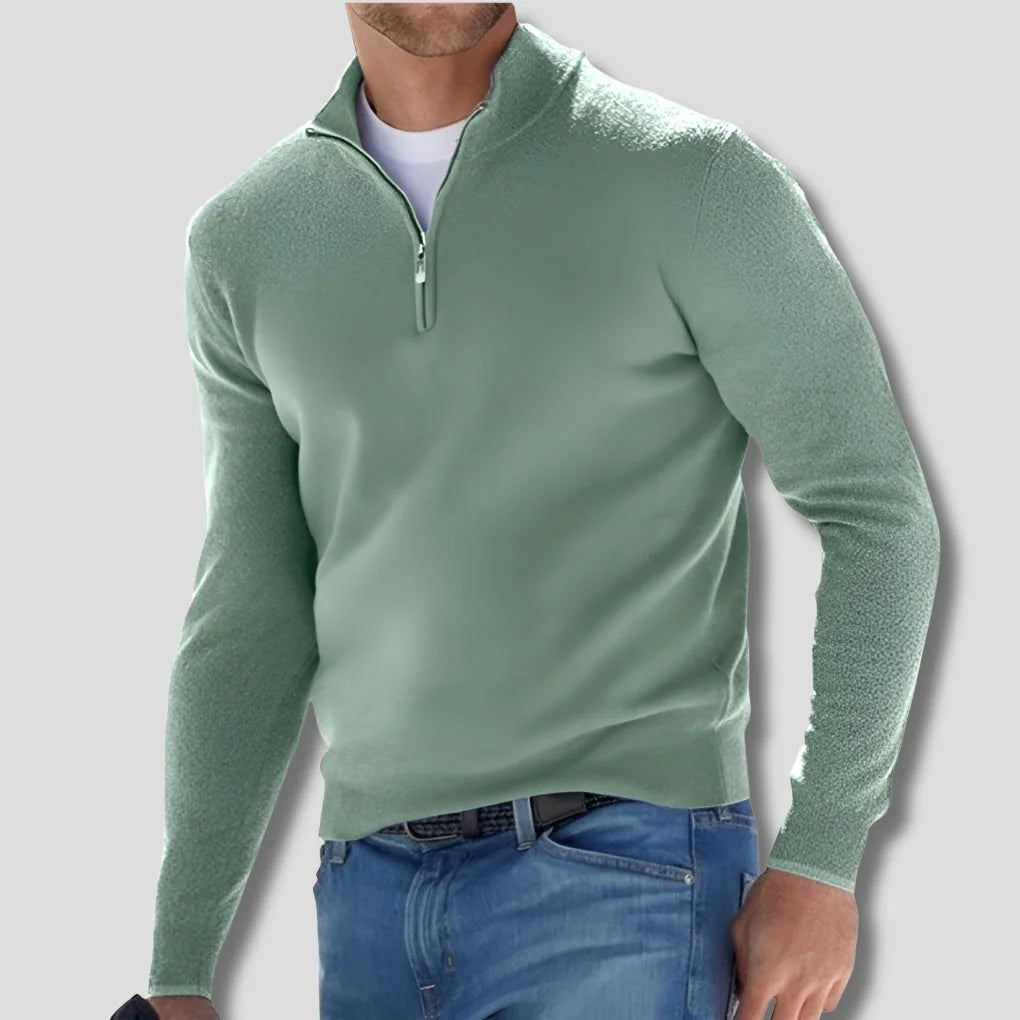 Green Men's Cotton Quarter Zip Sweater with Ribbed Cuffs & Mock Neck