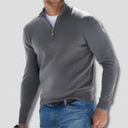 Grey Men's Cotton Quarter Zip Sweater with Ribbed Cuffs & Mock Neck