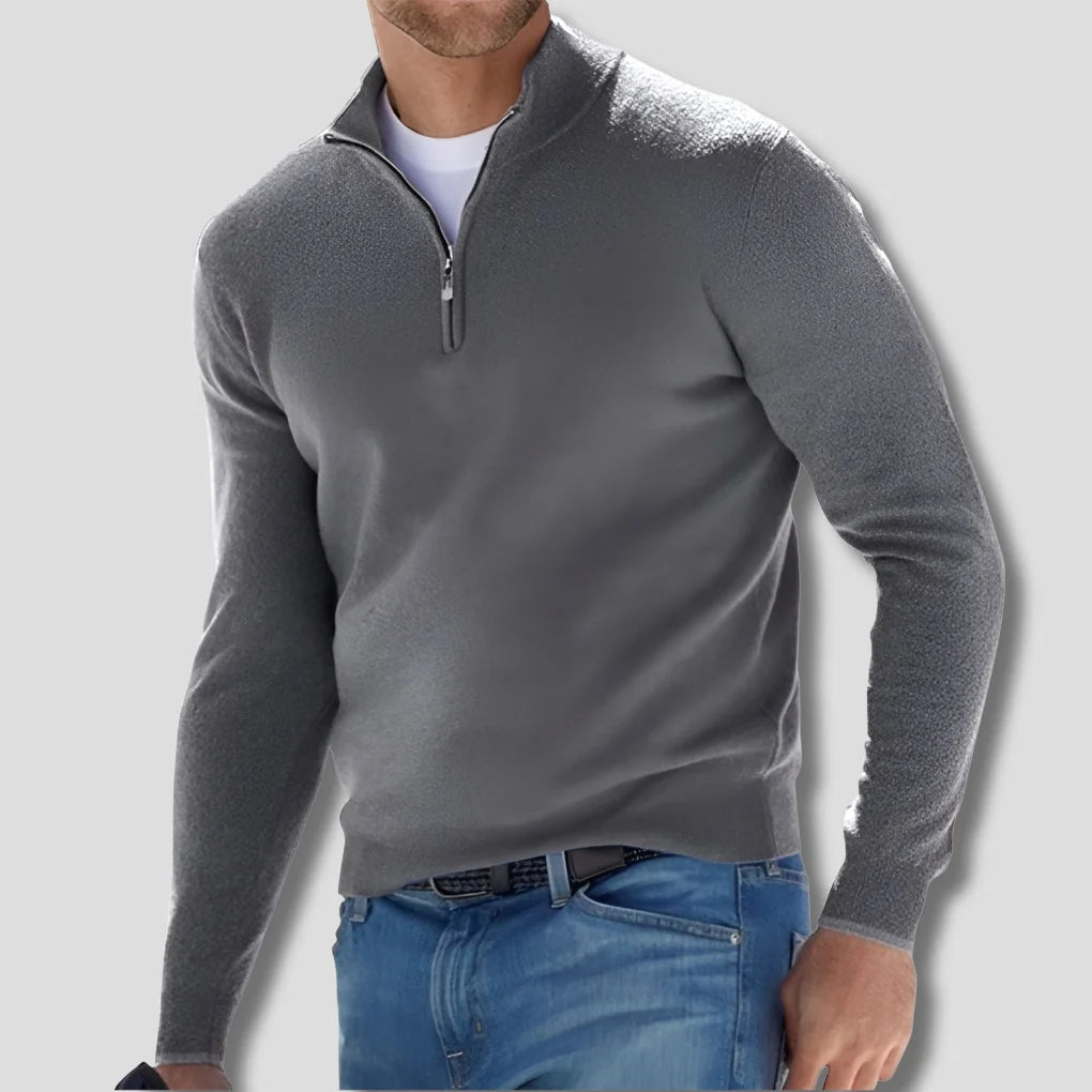 Grey Men's Cotton Quarter Zip Sweater with Ribbed Cuffs & Mock Neck