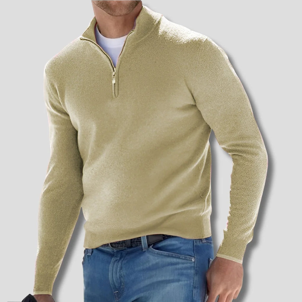 Light Green Men's Cotton Quarter Zip Sweater with Ribbed Cuffs & Mock Neck - Arm Detail