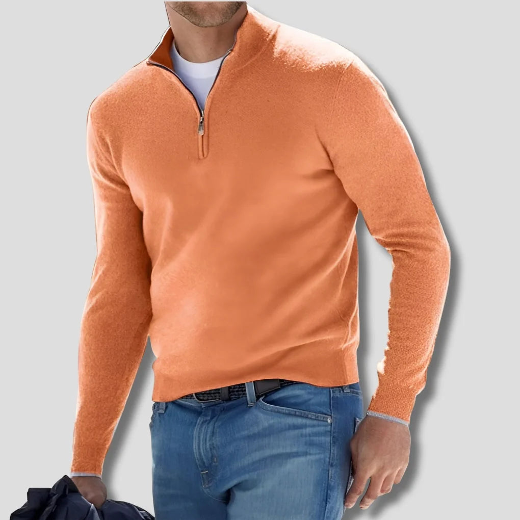 Orange Men's Cotton Quarter Zip Sweater with Ribbed Cuffs & Mock Neck