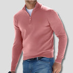 Pink Men's Cotton Quarter Zip Sweater with Ribbed Cuffs & Mock Neck