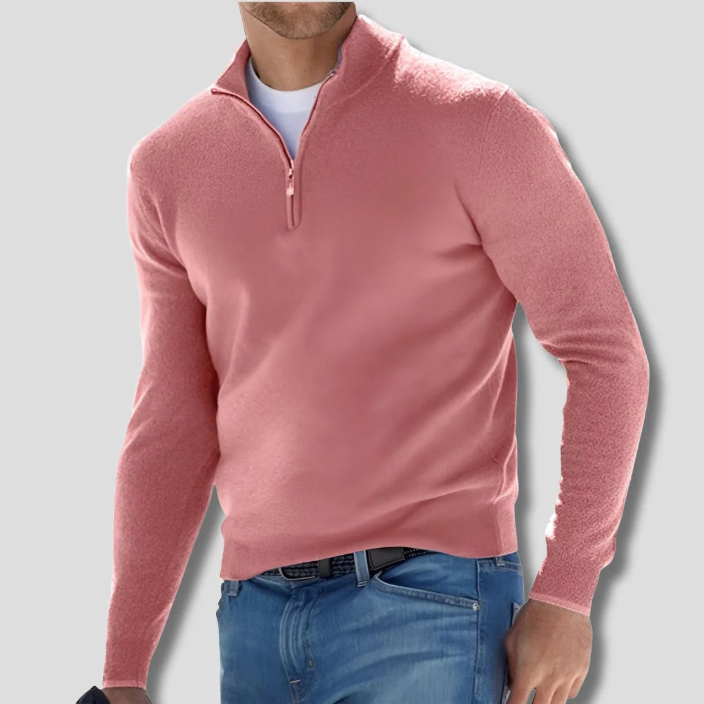 Pink Men's Cotton Quarter Zip Sweater with Ribbed Cuffs & Mock Neck