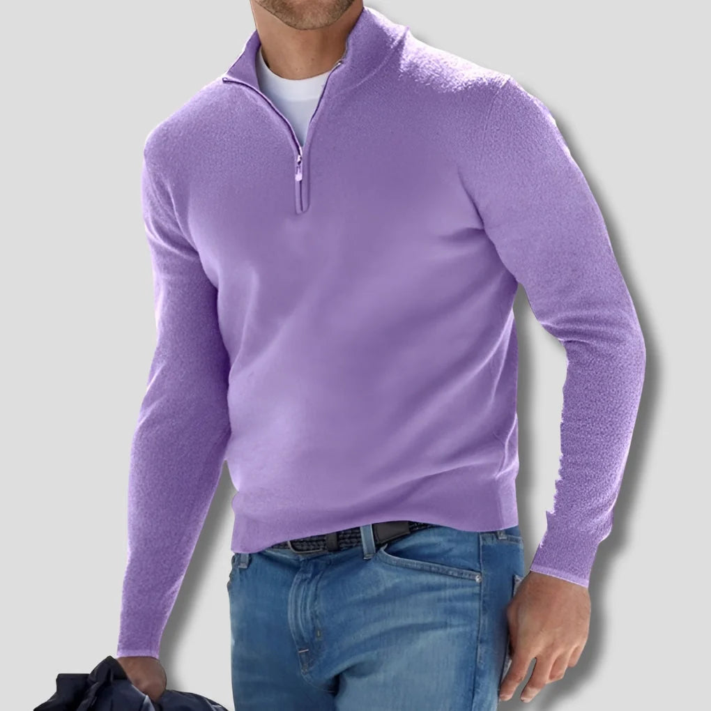 Purple Men's Cotton Quarter Zip Sweater with Ribbed Cuffs & Mock Neck