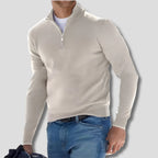 White Men's Cotton Quarter Zip Sweater with Ribbed Cuffs & Mock Neck