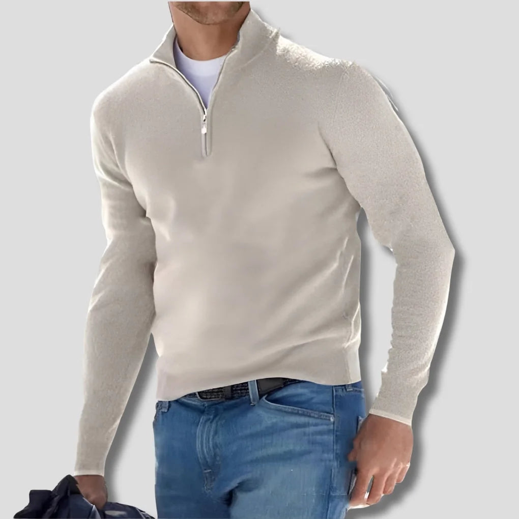 White Men's Cotton Quarter Zip Sweater with Ribbed Cuffs & Mock Neck