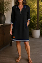 Black Women's Quarter-Zip Sweatshirt Dress with Stretch Comfort & Striped Trim