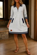 Grey Women's Quarter-Zip Sweatshirt Dress with Stretch Comfort & Striped Trim