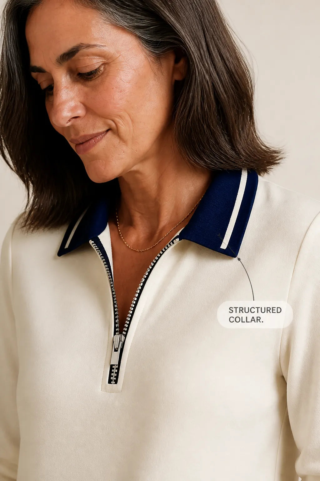 Women's Quarter-Zip Sweatshirt Dress with Stretch Comfort & Striped Trim - Close Up Collar Zip
