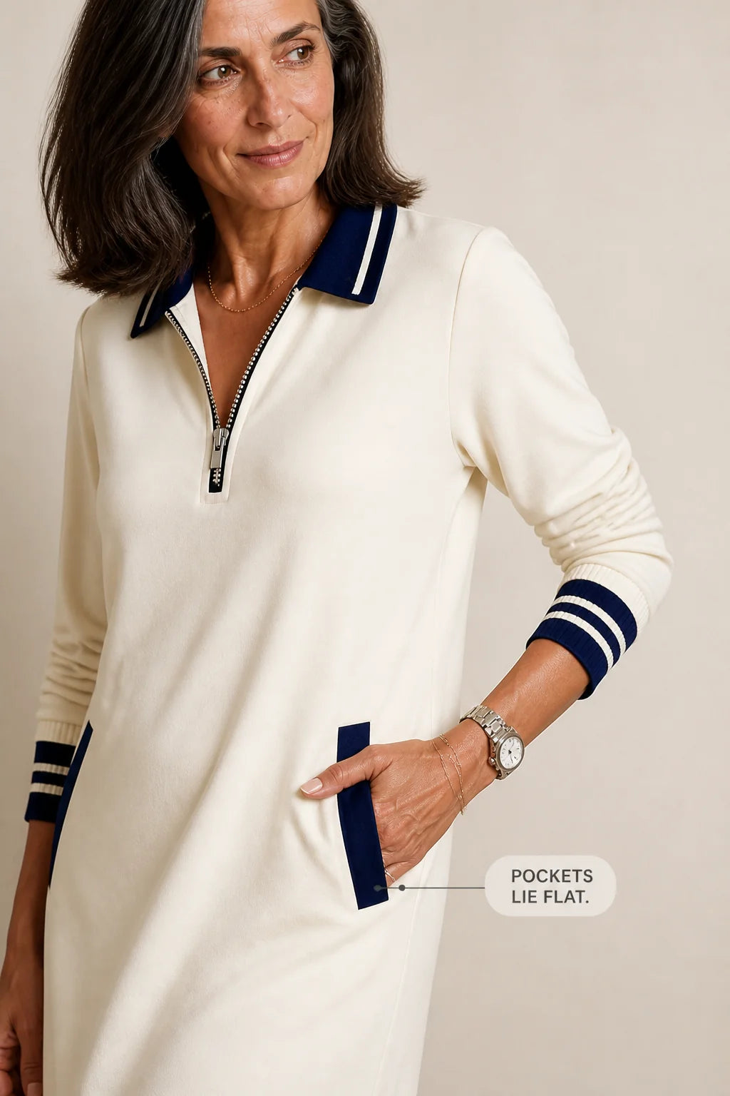 Women's Quarter-Zip Sweatshirt Dress with Stretch Comfort & Striped Trim - Close Up Pocket Detail