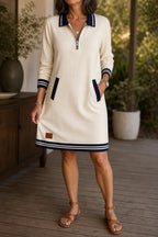 Women's Quarter-Zip Sweatshirt Dress with Stretch Comfort & Striped Trim - Front Full