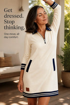 Women's Quarter-Zip Sweatshirt Dress with Stretch Comfort & Striped Trim - Lifestyle Arm Raised Text