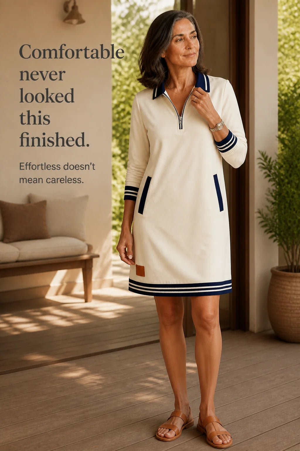 Women's Quarter-Zip Sweatshirt Dress with Stretch Comfort & Striped Trim - Lifestyle Standing Text