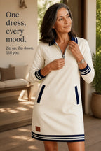 Women's Quarter-Zip Sweatshirt Dress with Stretch Comfort & Striped Trim - Lifestyle Zip Adjust Text