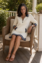 Women's Quarter-Zip Sweatshirt Dress with Stretch Comfort & Striped Trim - Seated Side Pose