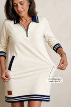 Women's Quarter-Zip Sweatshirt Dress with Stretch Comfort & Striped Trim - Stretch Fabric Detail