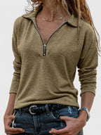 Khaki Women's Zip Sweatshirt with Collared Neckline for Everyday Wear