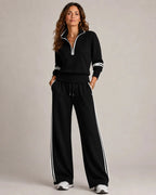 Black Women's Quarter Zip Two-Piece Set Set with Ribbed Knit Trim & Wide-Leg Pants