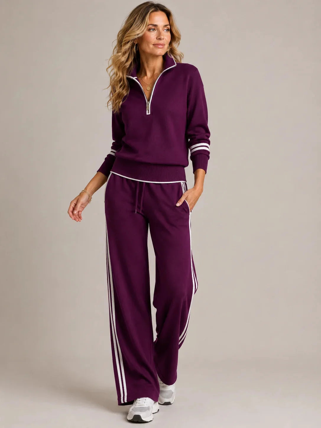 Purple Women's Quarter Zip Two-Piece Set Set with Ribbed Knit Trim & Wide-Leg Pants