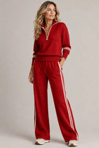 Red Women's Quarter Zip Two-Piece Set Set with Ribbed Knit Trim & Wide-Leg Pants
