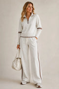 Women's Quarter Zip Two-Piece Set with Ribbed Knit Trim & Wide-Leg Pants — Rhiannon