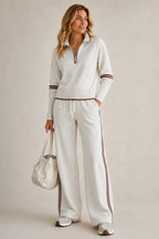 White Women's Quarter Zip Two-Piece Set Set with Ribbed Knit Trim & Wide-Leg Pants — Rhiannon