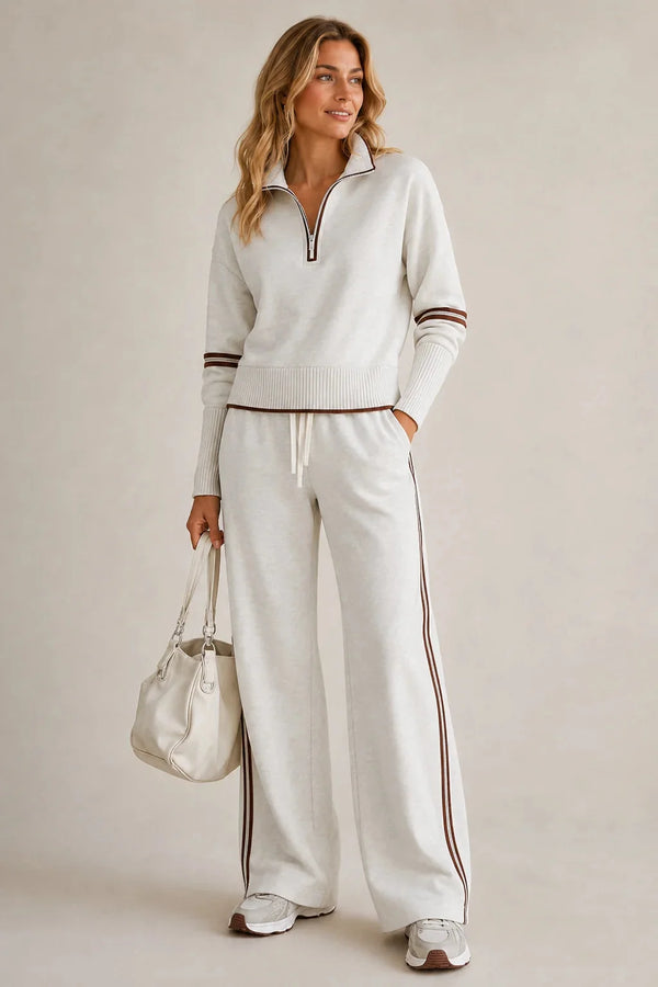 Women's Quarter Zip Two-Piece Set with Ribbed Knit Trim & Wide-Leg Pants — Rhiannon