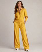 Yellow Women's Quarter Zip Two-Piece Set Set with Ribbed Knit Trim & Wide-Leg Pants — Rhiannon