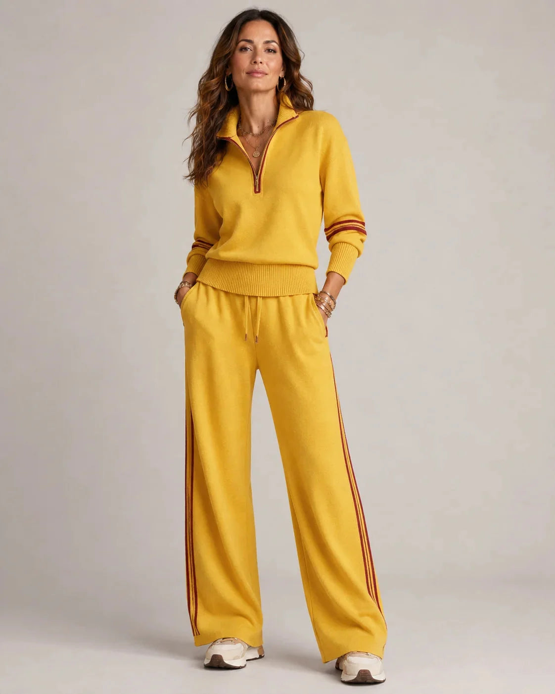 Yellow Women's Quarter Zip Two-Piece Set Set with Ribbed Knit Trim & Wide-Leg Pants — Rhiannon