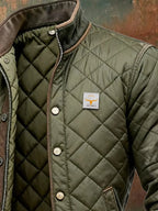 Green Men's Quilted Bomber Jacket with Snap-Button Front & Relaxed Fit - Close Up Chest Detail