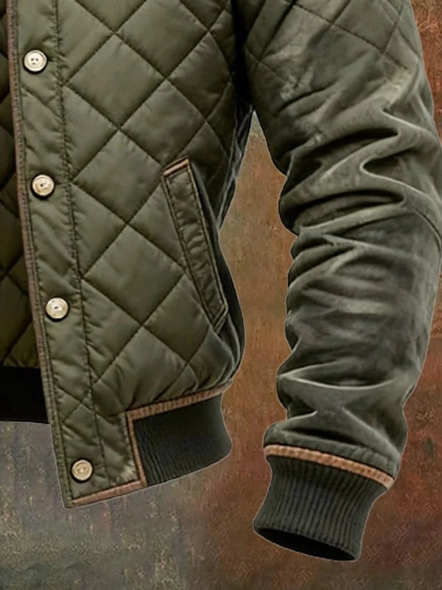 Green Men's Quilted Bomber Jacket with Snap-Button Front & Relaxed Fit - Sleeve Pocket Detail