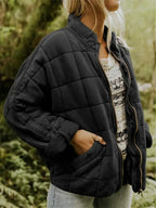 Black Women's Quilted Jacket with Zip Pockets & Relaxed Oversized Fit