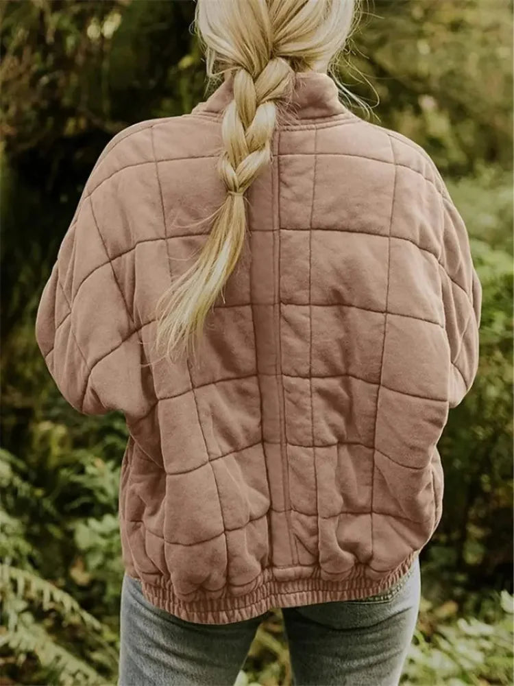 Women's Quilted Jacket with Zip Pockets & Relaxed Oversized Fit - Back Pose