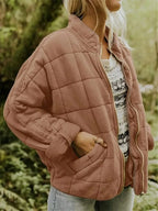 Brown Women's Quilted Jacket with Zip Pockets & Relaxed Oversized Fit