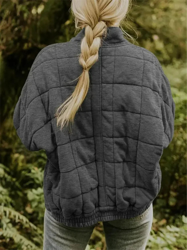 Women's Quilted Jacket with Zip Pockets & Relaxed Oversized Fit - Back Full
