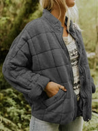 Dark Grey Women's Quilted Jacket with Zip Pockets & Relaxed Oversized Fit