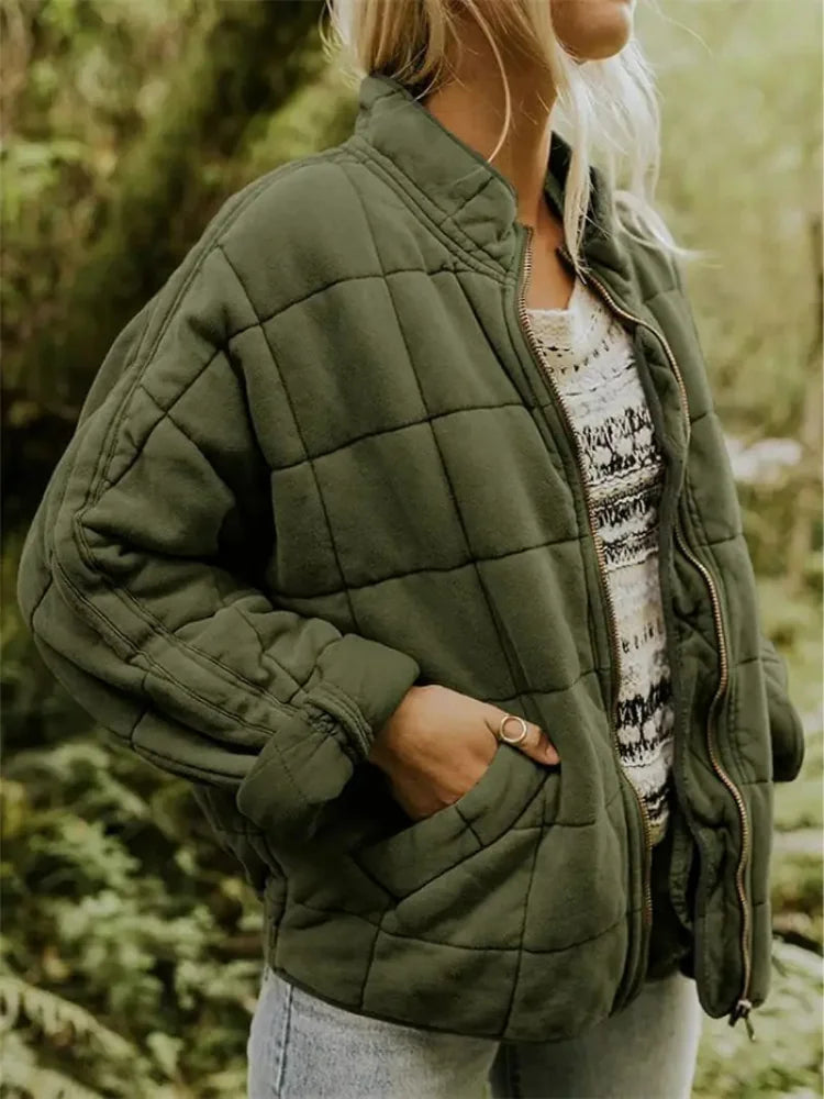 Green Women's Quilted Jacket with Zip Pockets & Relaxed Oversized Fit