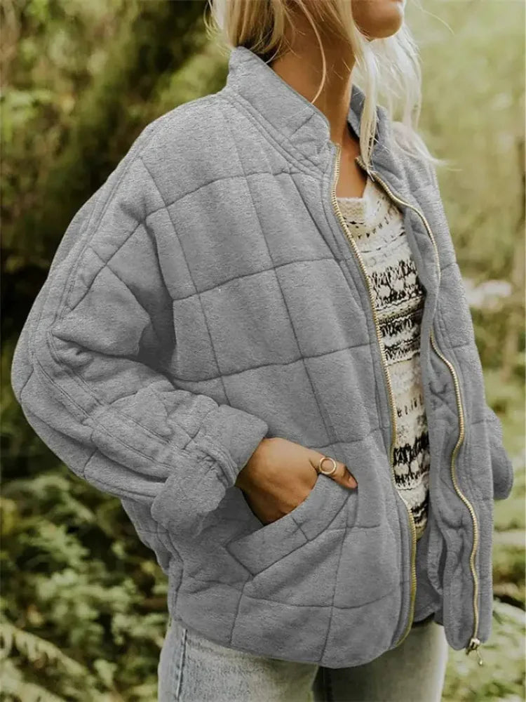 Grey Women's Quilted Jacket with Zip Pockets & Relaxed Oversized Fit