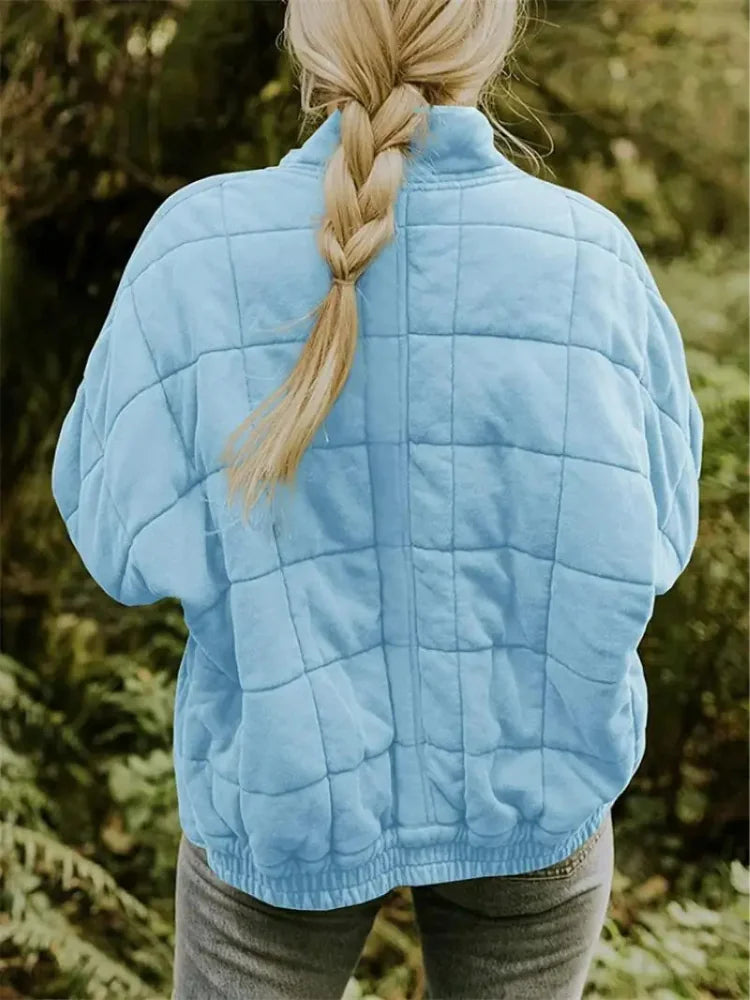 Women's Quilted Jacket with Zip Pockets & Relaxed Oversized Fit - Back Closeup