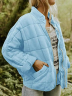 Light Blue Women's Quilted Jacket with Zip Pockets & Relaxed Oversized Fit