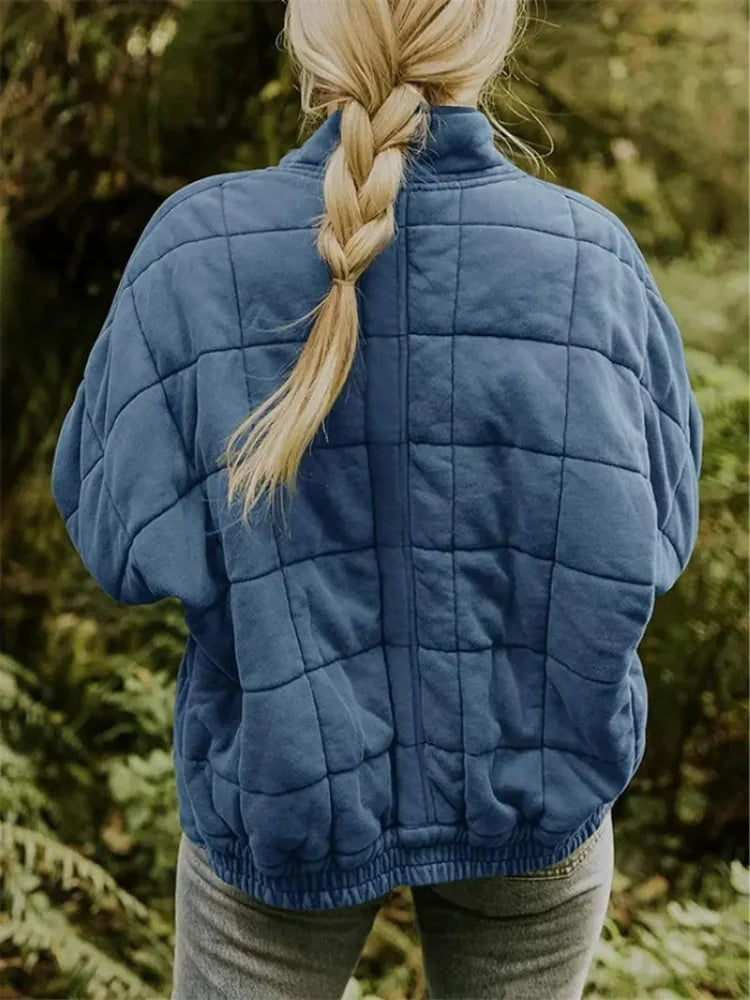 Women's Quilted Jacket with Zip Pockets & Relaxed Oversized Fit - Back Side