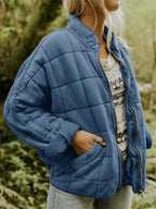 Dark Blue Women's Quilted Jacket with Zip Pockets & Relaxed Oversized Fit - Front Side