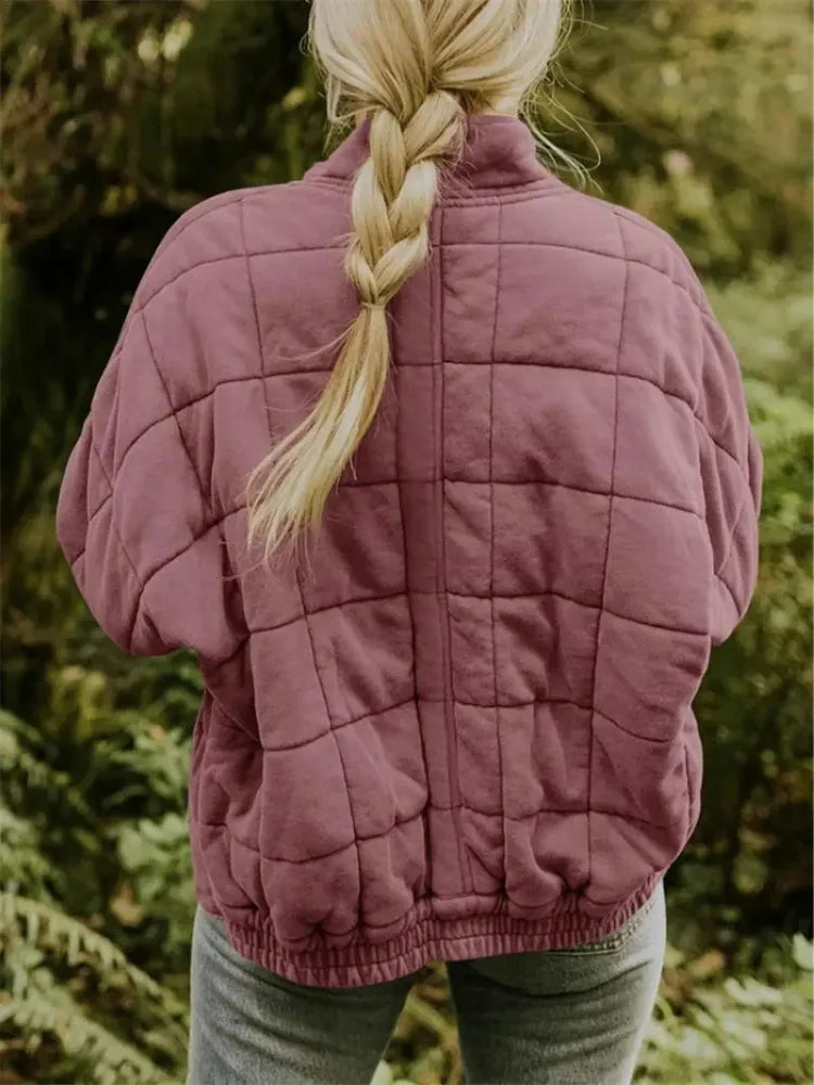 Women's Quilted Jacket with Zip Pockets & Relaxed Oversized Fit - Back Detail