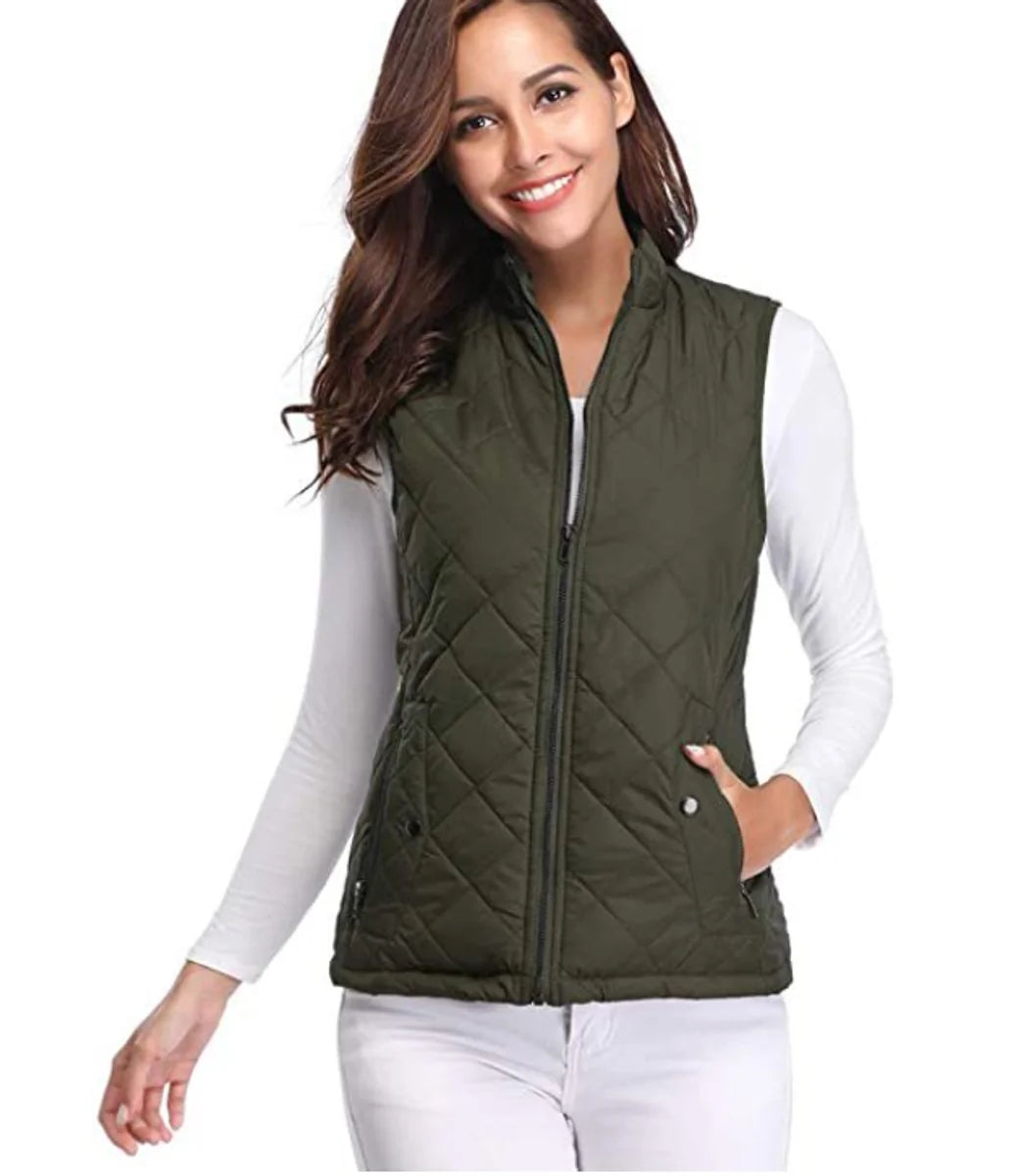 Olive Green Women's Lightweight Quilted Gilet with Zip-Up Front & Snap Pockets - Front Lifestyle